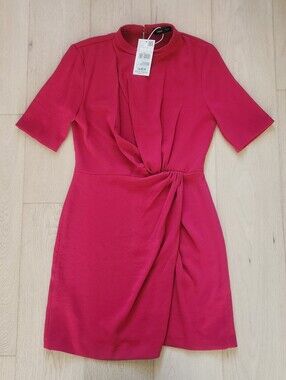 NWT Mango Twist-Front Long Sleeve Dress - Fuchsia Pink